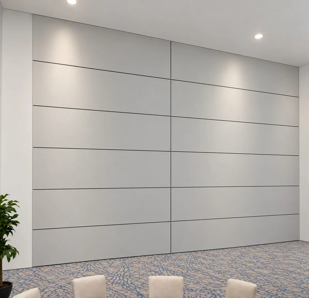 Airwall vertical lift partition with solid acoustic panels lowered