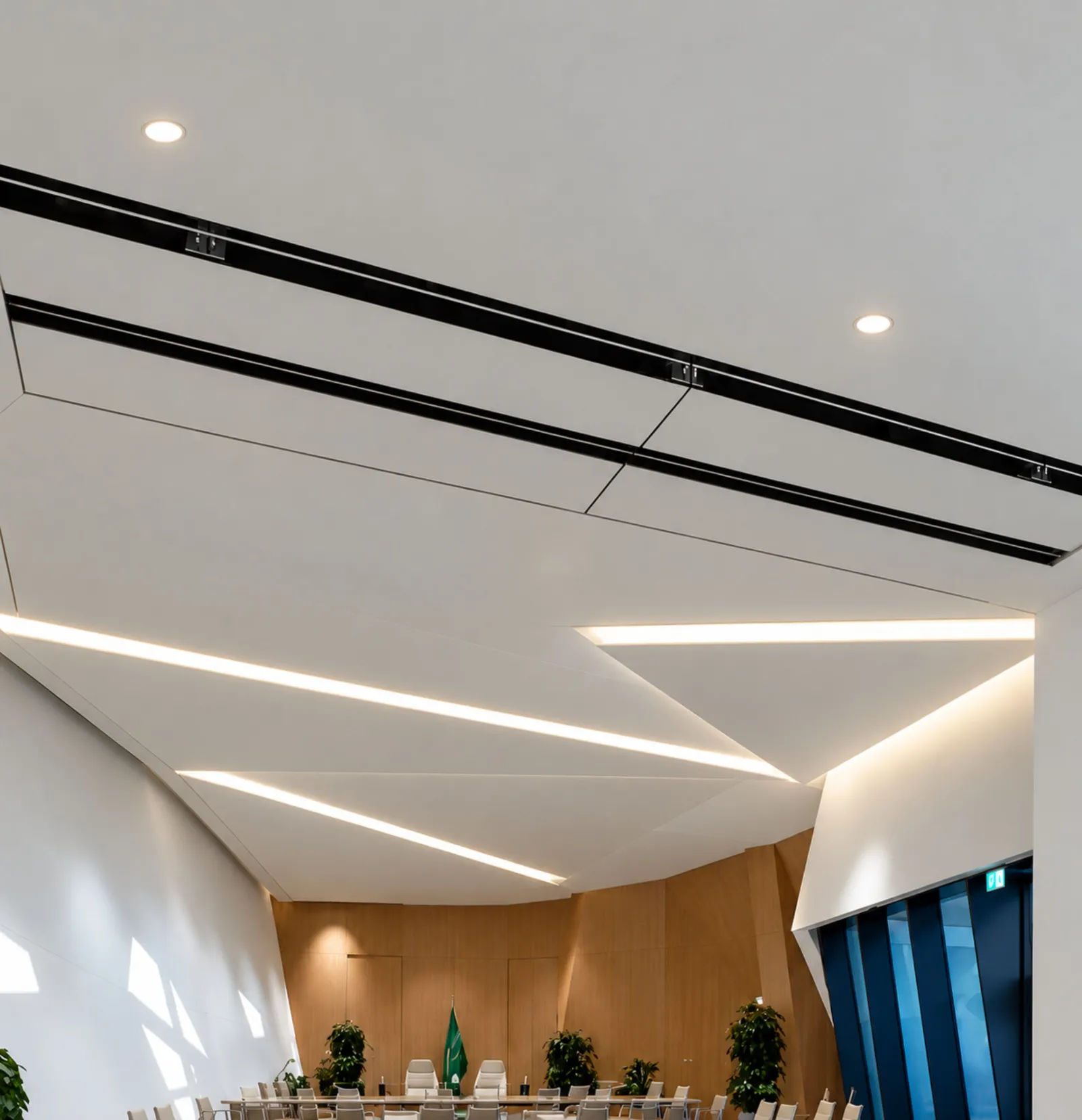 Airwall panels stored in the ceiling pocket above a conference room