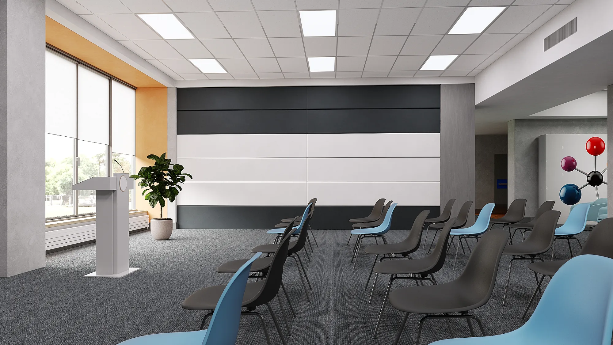 Airwall vertical lift operable partition closed in a lecture room