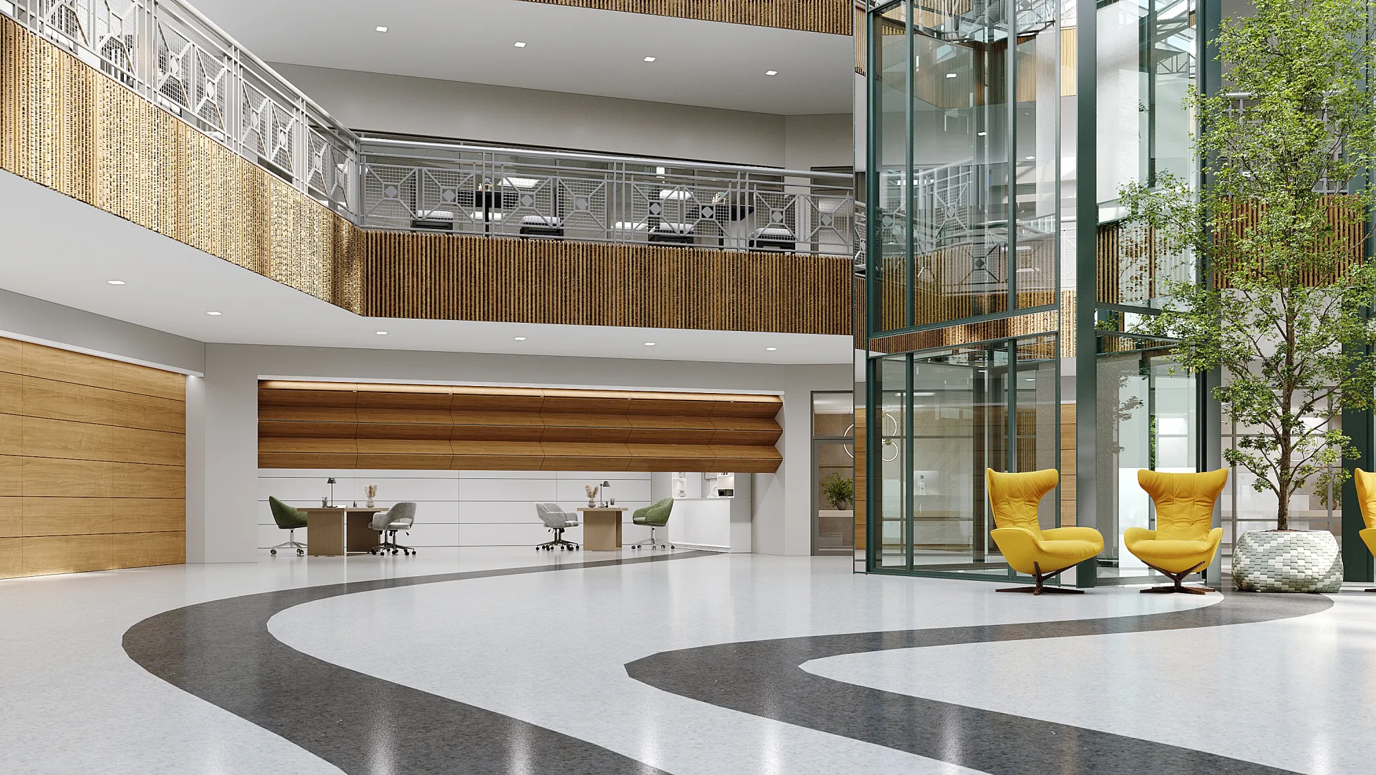 Airwall vertical lift partition with a wood finish in an office lobby