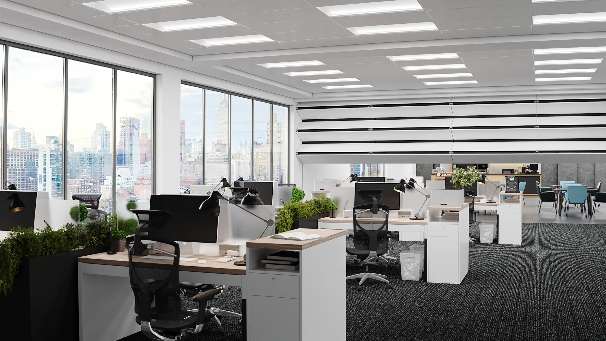 Airwall vertical lift partition raised into the ceiling of an open office
