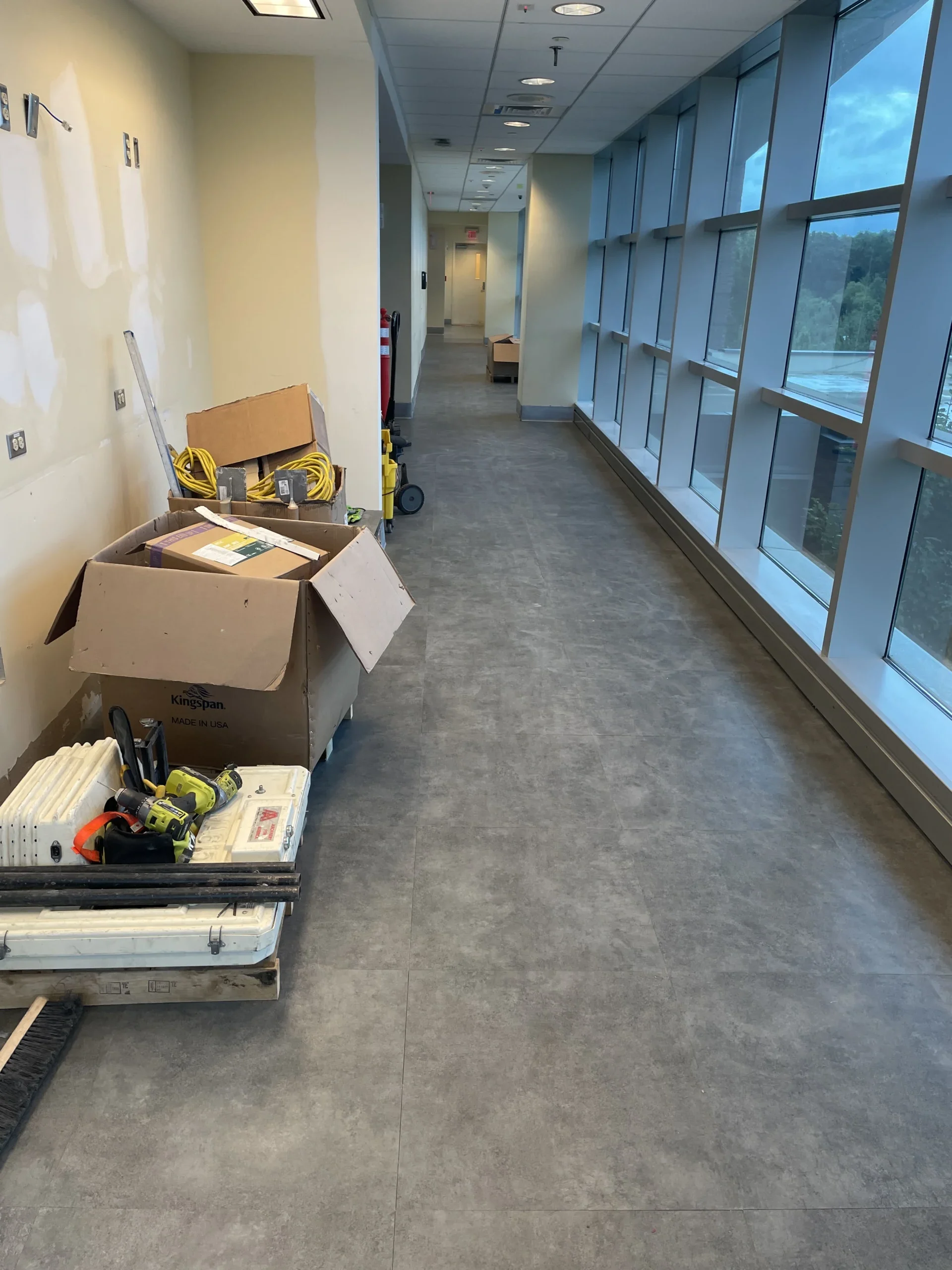 Raised access floor installation in progress