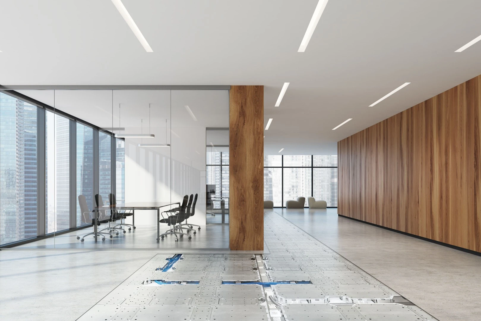 FreeAxez access floor in an office with a glass conference room