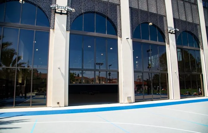 Crown straight-up hydraulic door on a wellness center